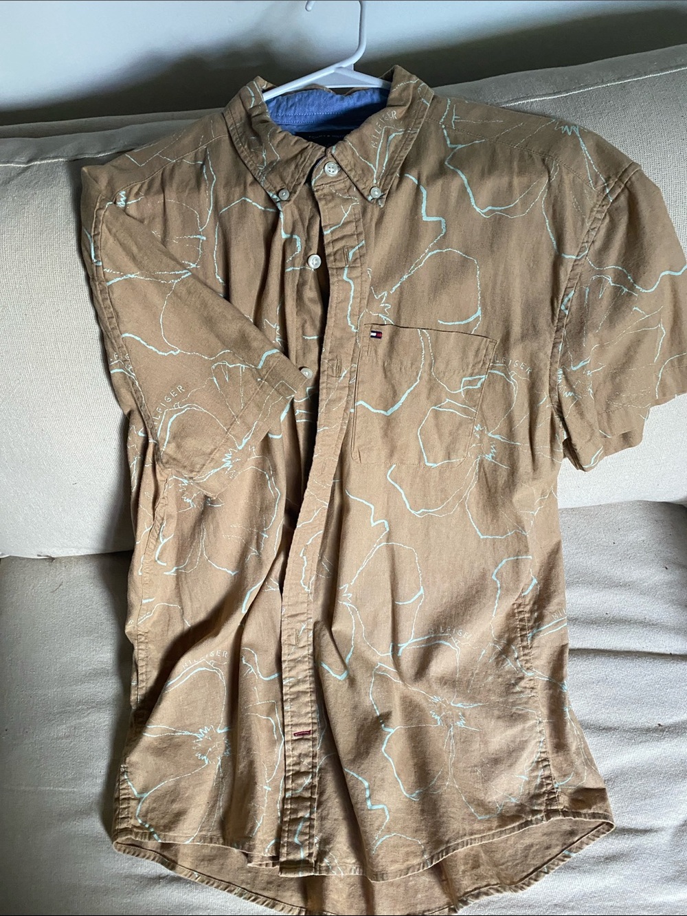 Tommy Hilfiger Brown Short-Sleeve Button-Down with Light Blue Abstract Lines